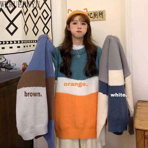 

werueruyu loose autumn sweater women korean elegant knitted sweater oversized warm female pullovers fashion 210608, White;black