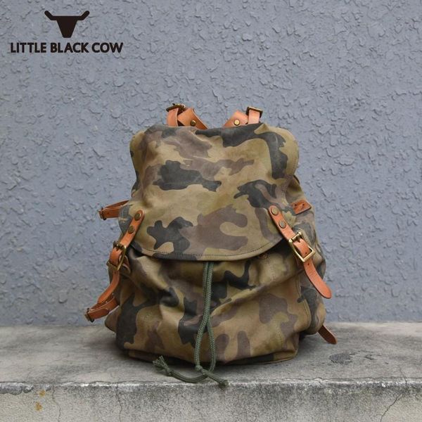 

vintage mens army camouflage printed backpack cow leather straps canvas travel bag large capacity bags school