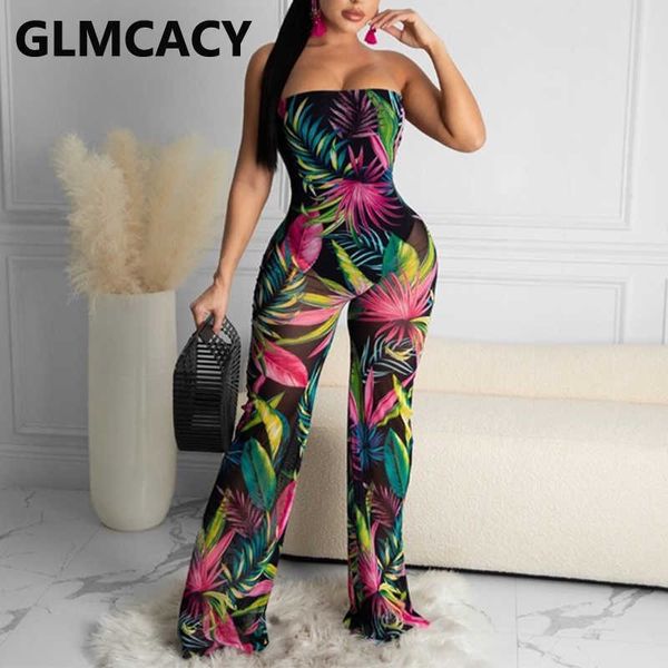 

women strapless troprical tropics printed wide leg jumpsuits 210702, Black;white