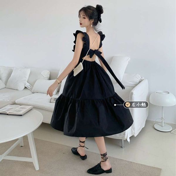 

summer kong style neck long backless ruffle dress, Black;gray