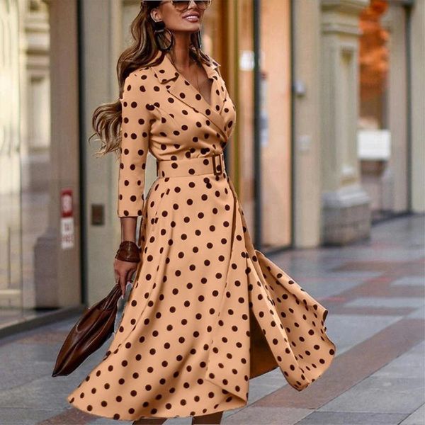 

casual dresses 2021 vintage long sleeve wrap office lady dress spring notched collar split party women elegant autumn belted, Black;gray