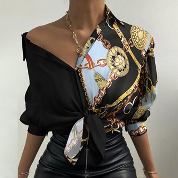 

women's t-shirt women casual chain print patchwork t shirt 2021 spring turn-down collar button office lady retro lantern sleeve loose, White