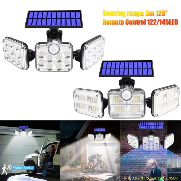 

solar lamps 122 led lights outdoor 3 head motion sensor 120Â° wide angle illumination super bright waterproof remote control wall lamp