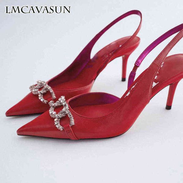 Sapatos de vestido LMCavasun Blinging Crystal Mulheres Dress Shoes Sapatos Pontuação Red Women Slingbacks 220315