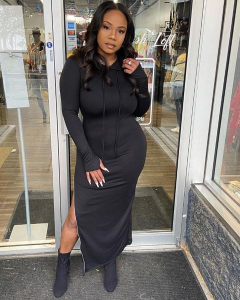 

casual dresses autumn 2021 women's nightwear side zipper split hooded long dress, Black;gray