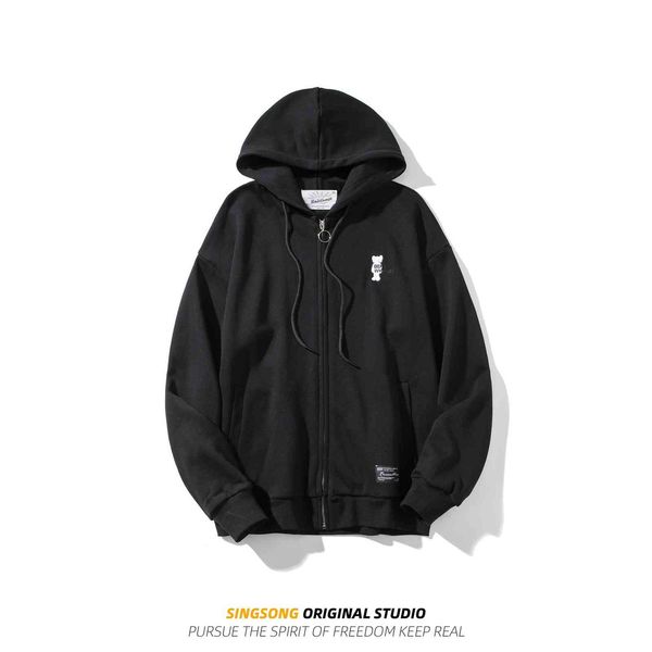 

the fine fleece hoodies sweater men's spring and autumn simple versatile bear embroidery solid color cardigan hooded sportswear coat, Black