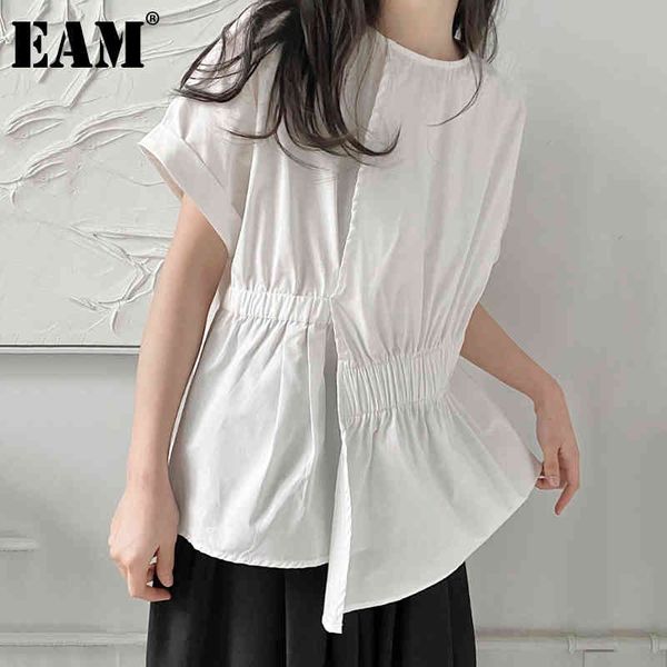

[eam] women white pleated irregular blouse round neck short sleeve loose fit shirt fashion spring summer 1dd8310 21512