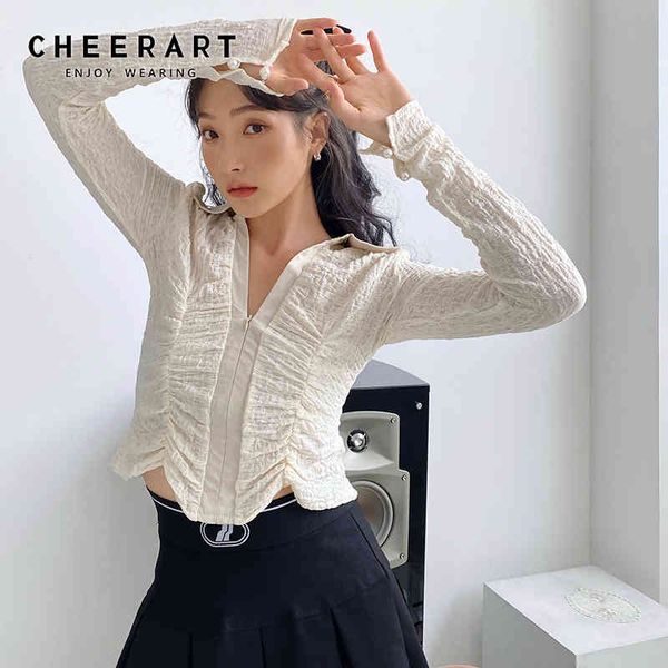 

autumn ruched long sleeve blouse tunic crop women shirt fashion crochet designer clothes 210427, White