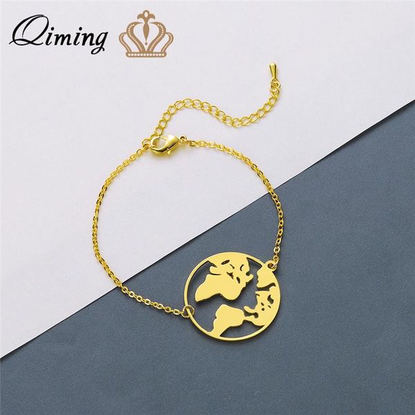 

link, chain qiming map bracelet women geometric stainless steel jewelry wanderlust travel gift vintage earth femme, Black