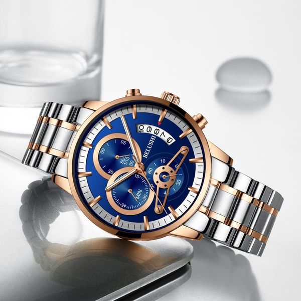 

wristwatches men's watch quartz calendar timing code sports leisure steel band waterproof clock three eye dial, Slivery;brown