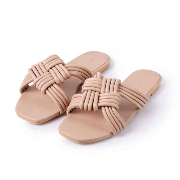 

trendy string knotted concise solid color women slippers summer flat sandals for girls home outside casual shoes square toe, Black