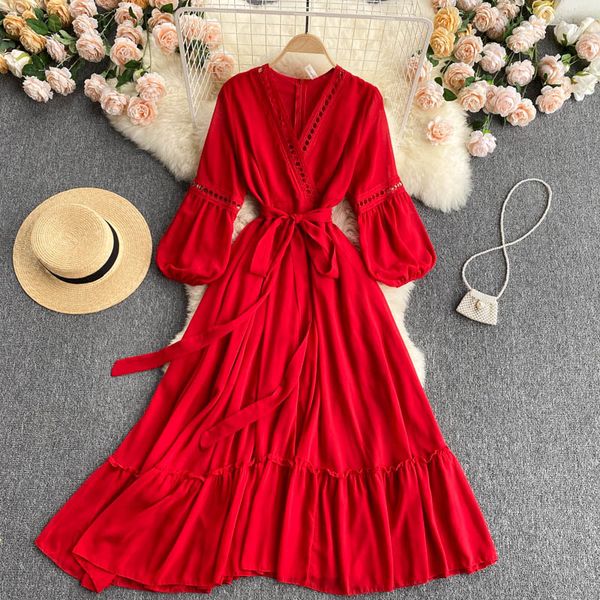 

singreiny women casual holiday dress design hollow v neck puff sleeve sashes a-line dresses spring fashion streetwear midi dress 210419, Black;gray