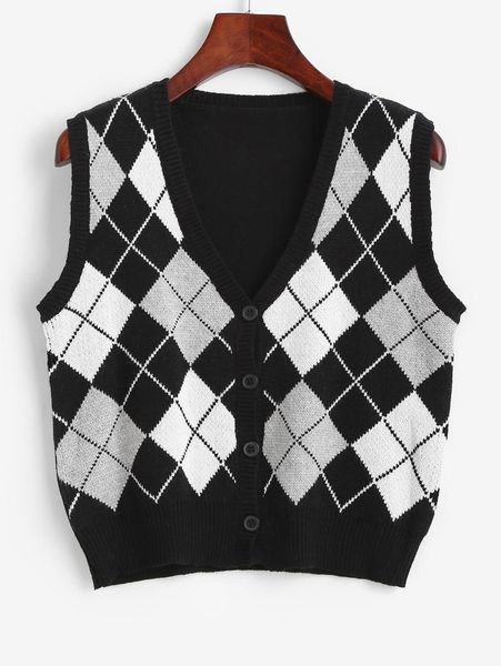 

women's sweaters v neck argyle button up sleeveless cardigan vintage plaid sweater vest women tank knitting pullovers for daily, White;black