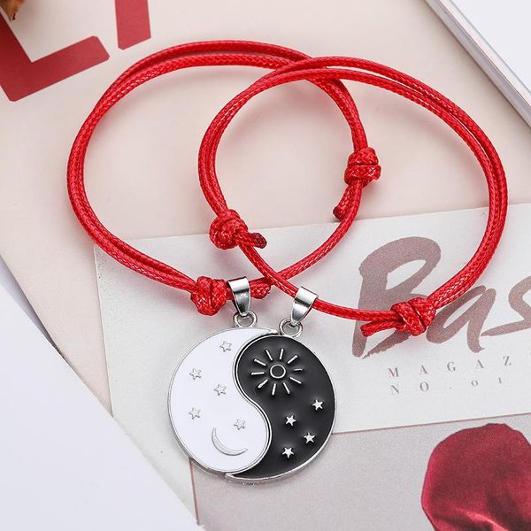 

link, chain fashion tai chi stitching couple bracelet zinc alloy pendant adjustable braided with lover jewelry, Black