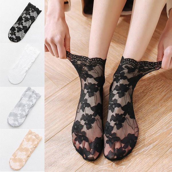 

pair thin lace sock summer female breathable sweat-absorbent hollow non-slip socks invisible shallow mouth & hosiery, Black;white