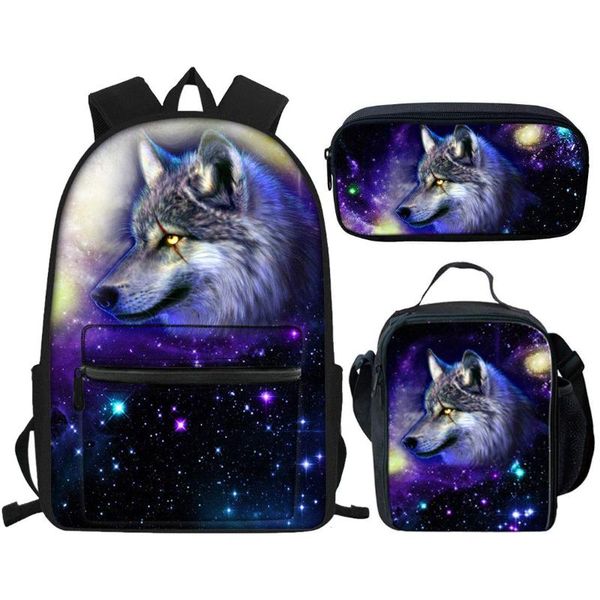 

school bags 3pcs galaxy wolf/horse/dog print bookbag for child kids space/universal/star animal boy backpack with zipper