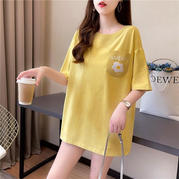 

women's t-shirt short sleeve summer round neck middle and long student wear, White