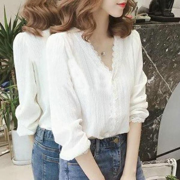 

women's blouses & shirts 2021 v-neck lace white long-sleeved shirt casual broadcloth loose for women and girls arrival