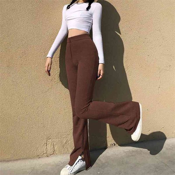 

omsj early spring fashion leisure high waist swaetpants solid color sports split simple style flared pants women streetwear 210517, Black;white