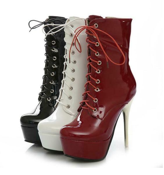 

boots women super high heel platform short pole dance lace up heels shoes, Black