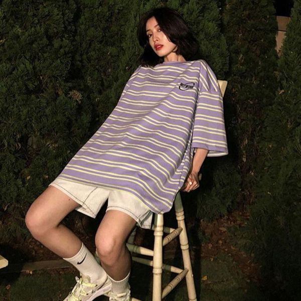 

2021striped women t-shirt oversized streetwear good quality summer short sleeve anime retro harajuku kawaii loose women's, White
