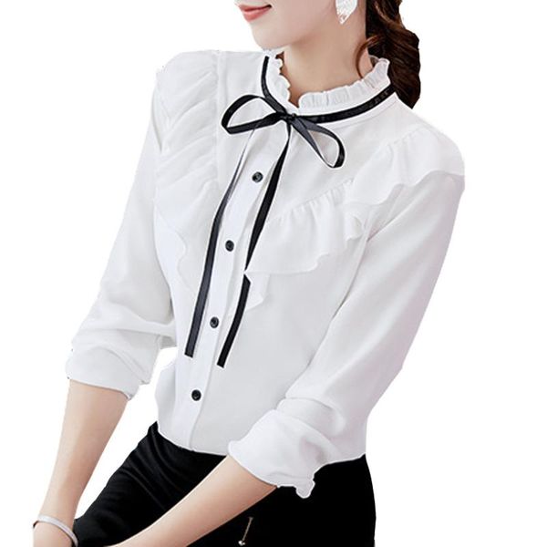 

women's 2021 spring autumn blouse long sleeve shirt korean ruffles clothing streetwear slim chiffon blouses elegant shirts &, White