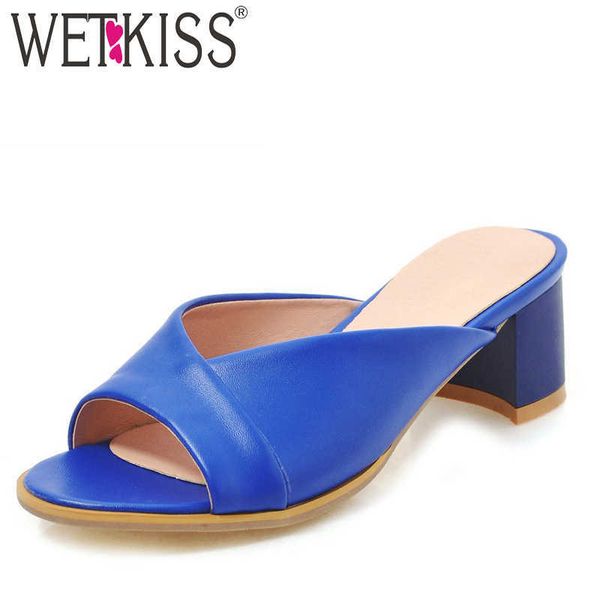 

wetkiss plus size pu slippers woman open toe footwear fashion pu slides shoes female thick heels mules shoe summer 210630, Black
