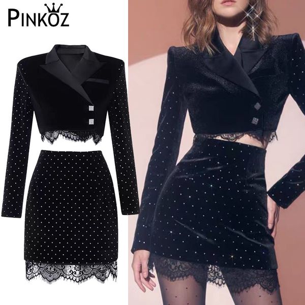 

autumn winter women two piece set sequined velvet short jacket + mini skirt suit female lady lace fashion 2 suits 210421, White
