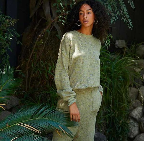 

women's two piece pants comfy boho hippie dropped-shoulder oversized jumper/elastic waist harem o-neck lantern sleeve rib knit wide-leg, White