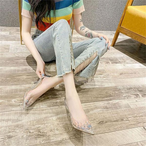 

dress shoes women's lace single crystal transparent high heels stiletto pointed rhinestone, Black