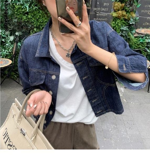 

women's jackets women loose denim spring autumn retro safari style street female outerwear turn-down collar pockets trendy navy, Black;brown