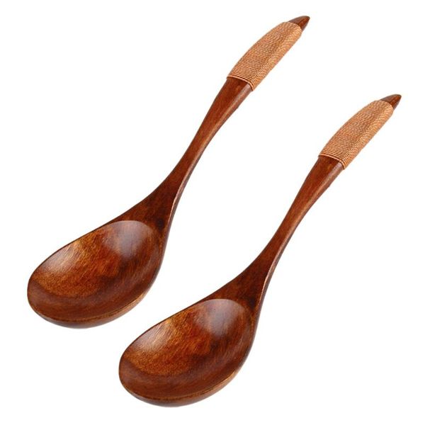 

spoons 2pcs japanese style wooden creative soup spoon with tied line on handle vintage tableware for home restaurant (brown)