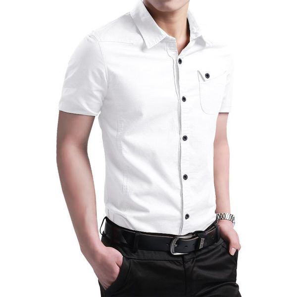 

men's casual shirts summer 100% cotton for men breathable military short sleeve slim men's brand clothing, White;black