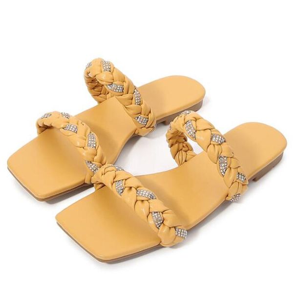 

slippers women summer square toe casual flat ladies rhinestone slides female weave flip flops women's home shoes plus size qq463, Black