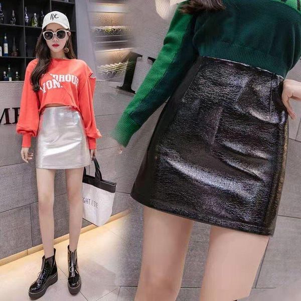 

skirts black silver pu fashion skirt women 2021 spring autumn high waist bodycon mini ol a-line slim korean style