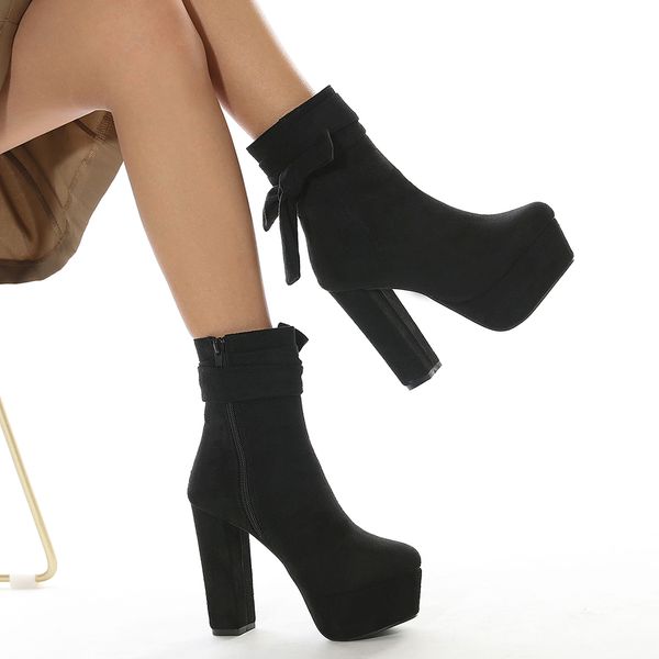 

sandals 2021 autumn ankle boots high heel layer cowhide fashion temperament lace up square head solid color women's side zipper martin, Black