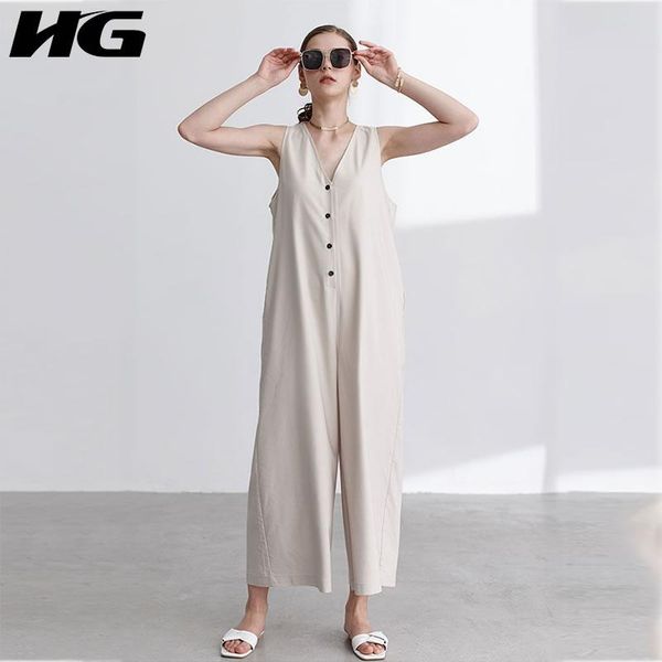 

women's jumpsuits & rompers [hg] women korea fashion 2021 summer sleeveless button loose full length pants female solid color pocket zq, Black;white
