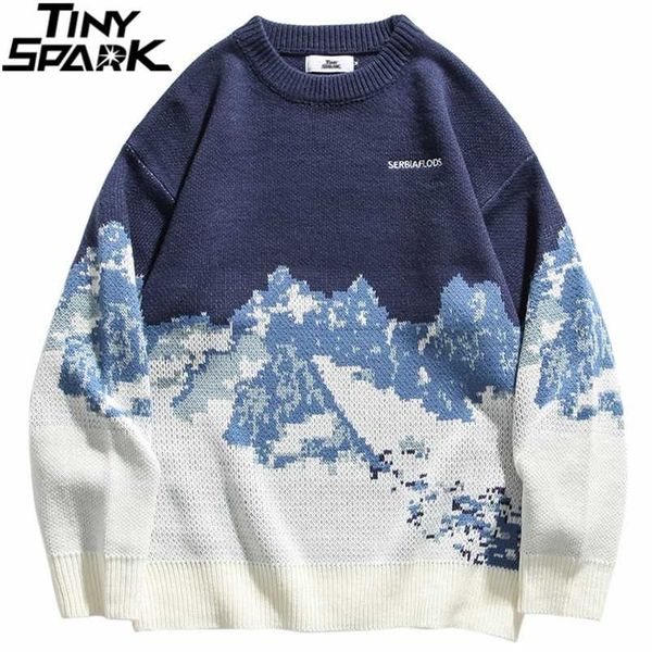 Мужчины хип-хоп уличная одежда вязаный свитер вышивка ретро винтажный снежный свитер хлопок Harajuku повседневная пуловер свитер черный 211018