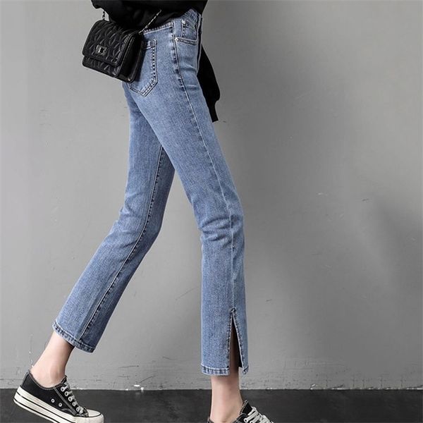 

solid jeans women straight slim denim plus size korean style side slit ankle-length college trendy all-match female bottom chic, Blue