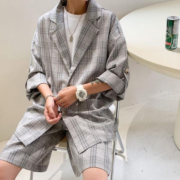 

men's suits & blazers plaid casual suit shorts for men korean fashion loose short-sleeved, White;black