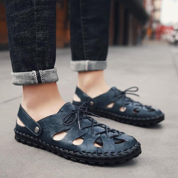 

sandals 38-44 spring / summer men's baotou genuine leather men beach hollow casual mens sports travel shoes1, Black