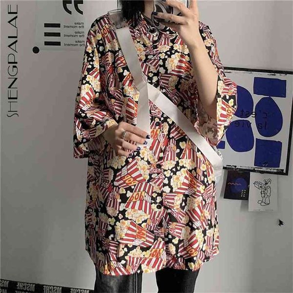 

harajuku full print blouse women's summer lapel large size single breasted short sleeve shirt female 5c639 210427, White