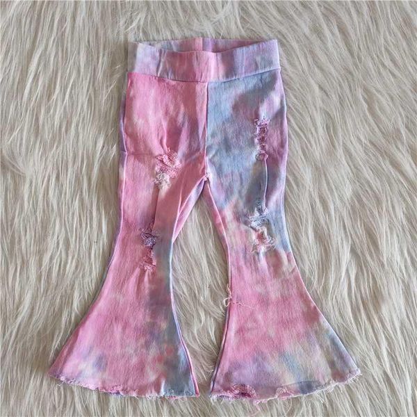 

jeans wholesale children's baby girl's pink blue tie-dye bell bottom with ripped personality pants