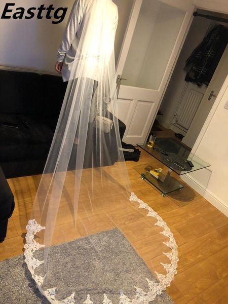 

bridal veils white ivory cathedral length wedding one layer lace accessories veil with comb veu de noiva, Black
