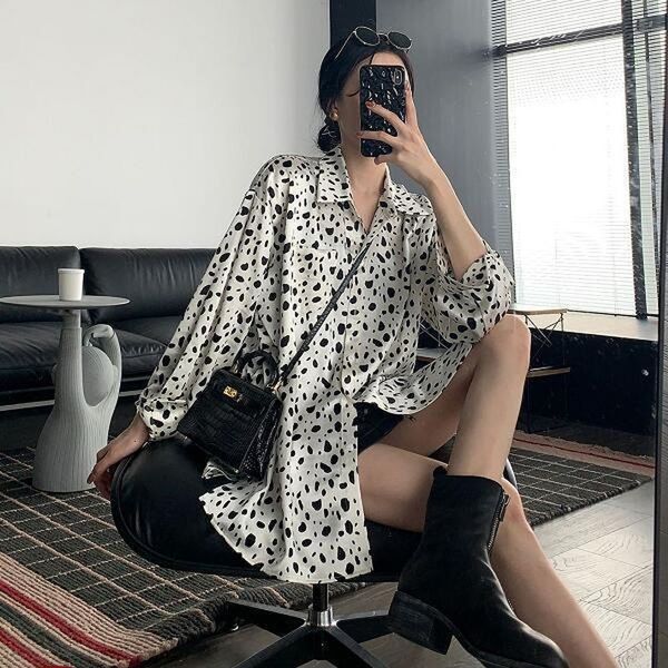 

women's blouses & shirts long sleeved shirt, women's spotted cow design, street punk clothing, loose, hong kong style, korea, nove, White