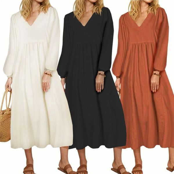 

casual dresses womail elegant loose dress autumn women long sleeve ruffle solid party sundress vintage v neck femme robe vestido, Black;gray