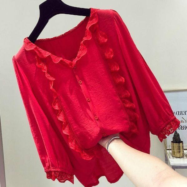 

women's blouses & shirts red chiffon blouse women summer 2021 lace trim shirt, White