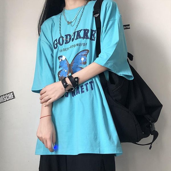 

summer korean butterfly print womens streetwear loose cotton short harajuku cute casual o neck ulzzang vintage women, White