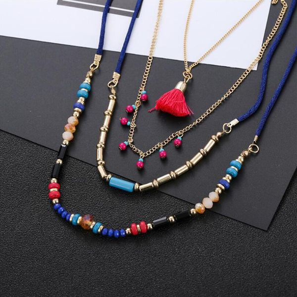 

pendant necklaces colorful bohemian multi layers seed beads tassel maxi long ethnic chain jewelry statement necklace women collar, Silver