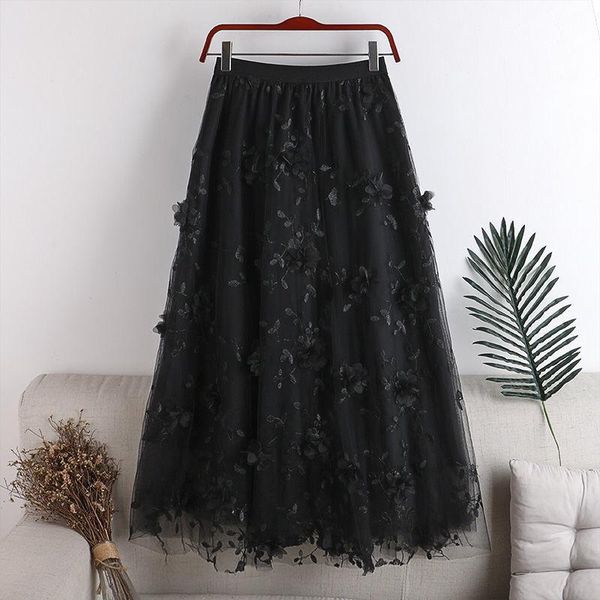 

skirts luxury woman 2021 korean style fashion elastic waist appliques embroidery floral mesh skirt long gauze ball gown, Black